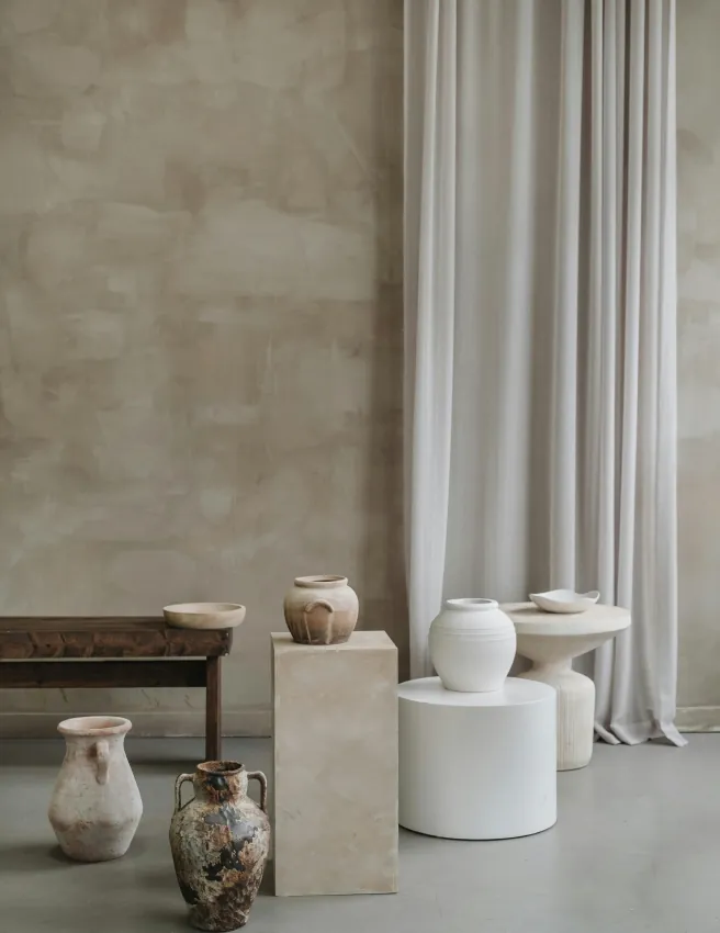 Ceramic vases on plinths and a bench in a room with linen curtains