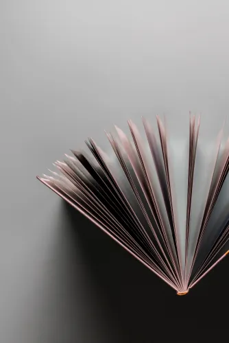 Open book fanned upright with pink-edged pages