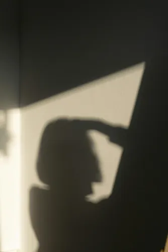 Shadow of a woman's head and raised arm cast on a dark wall in sunlight